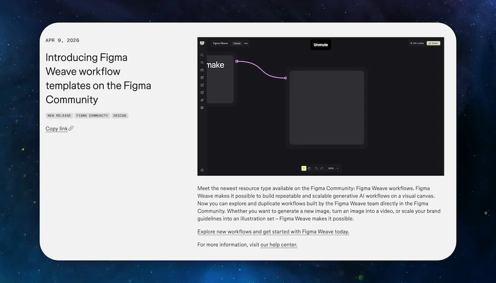 Figma's release notes page featuring visual demos and embedded videos of design tool updates
