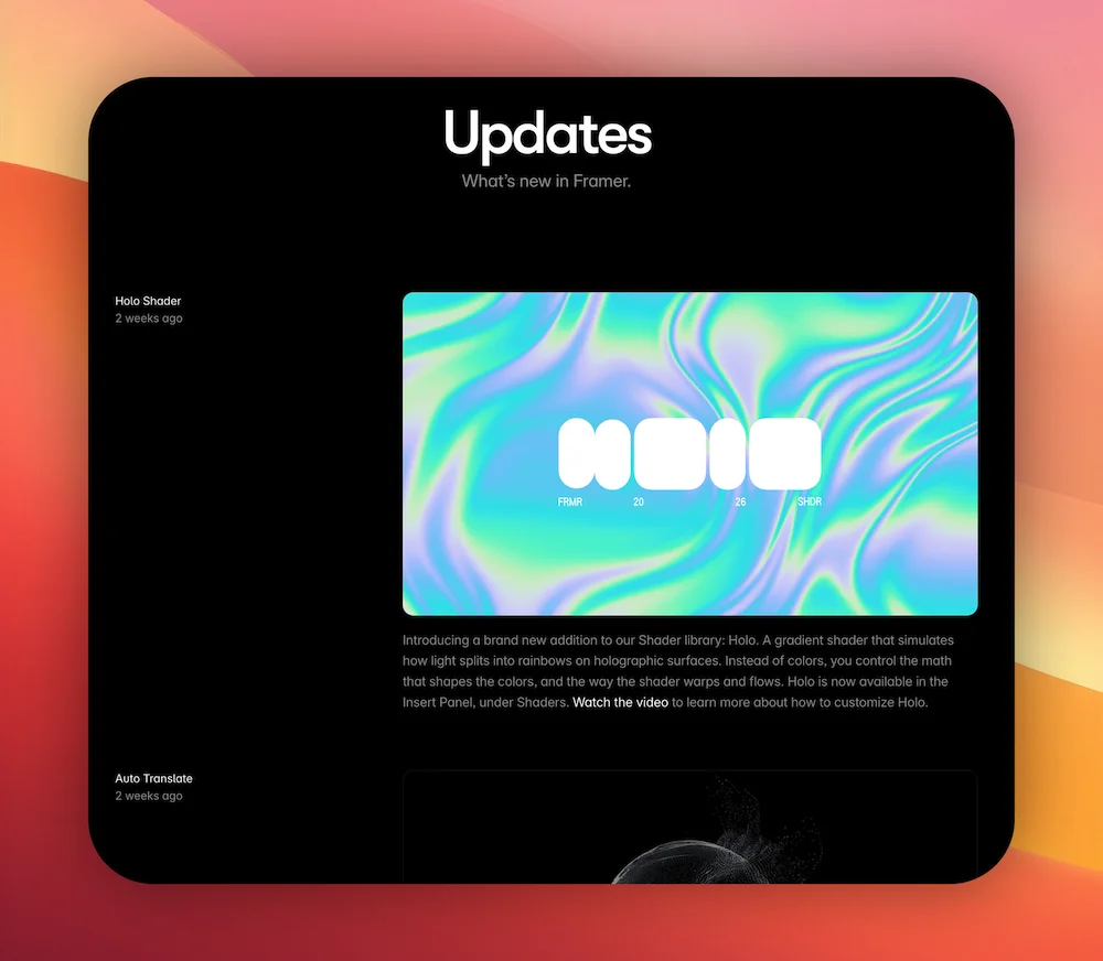 Framer's updates page with launch-quality changelog entries featuring videos and examples