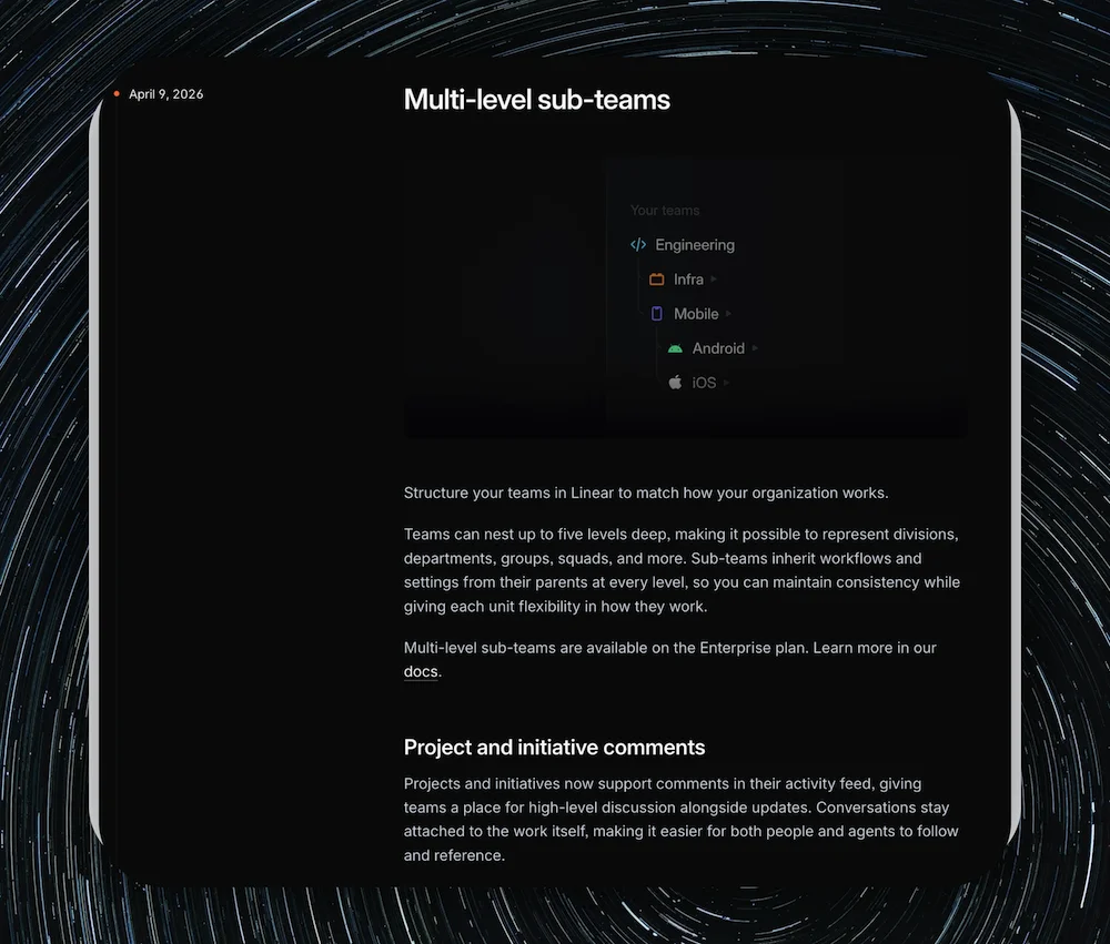 Linear's changelog page showing dated release entries with hero images and concise headlines