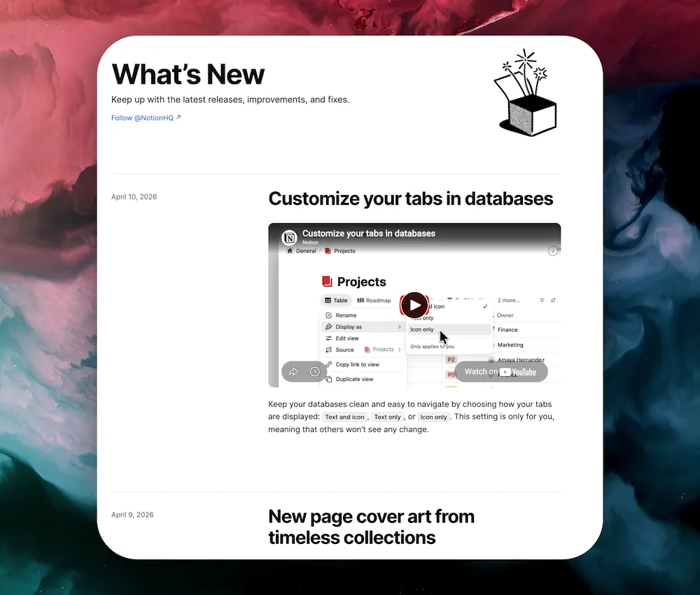 Notion's release notes page with narrative updates explaining why each product change was made