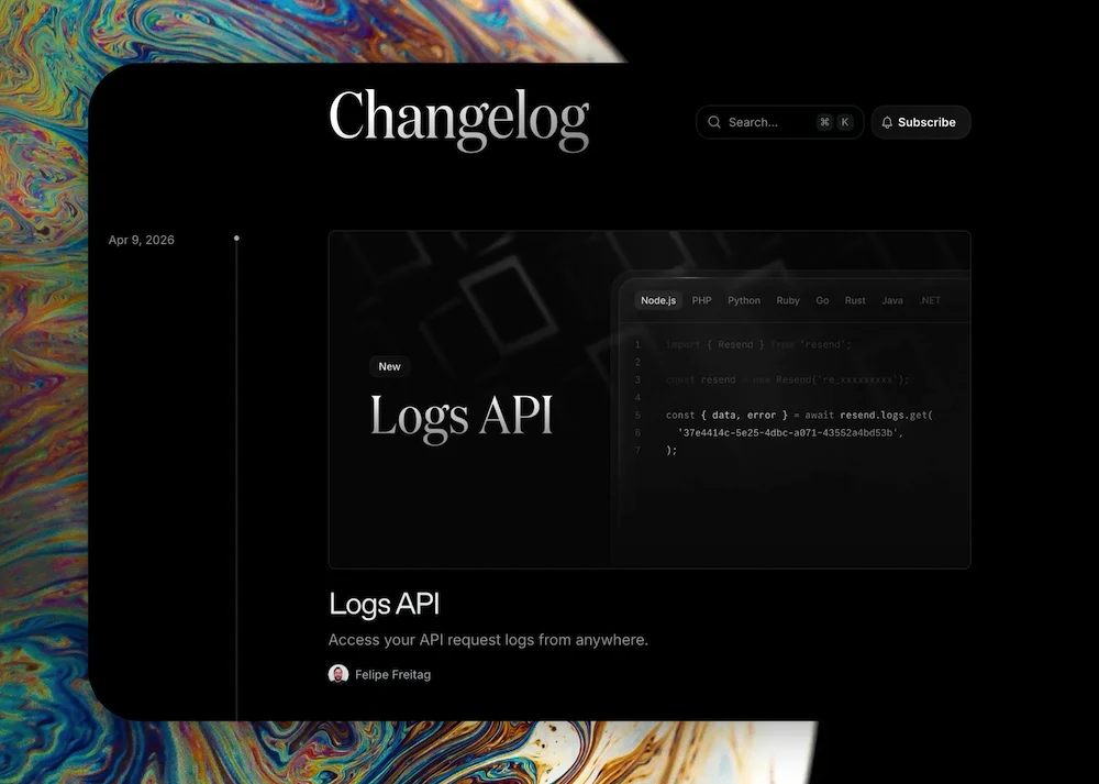 Resend's changelog showing frequent, build-in-public product updates in short entries