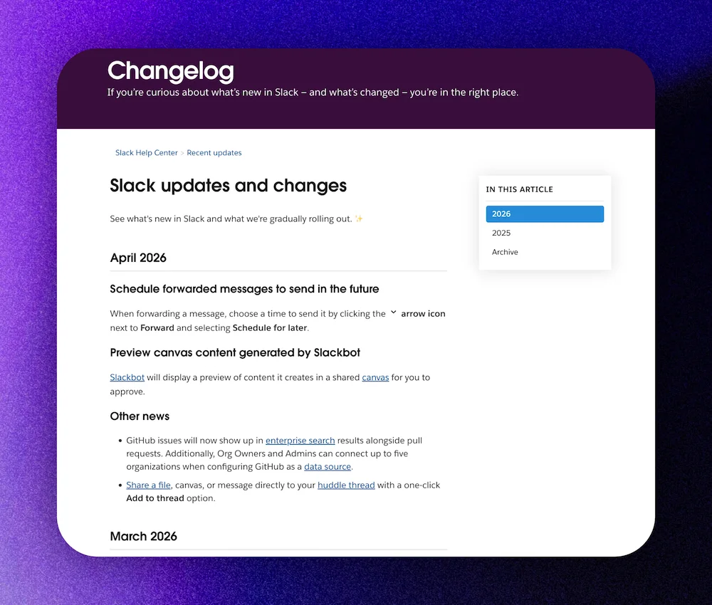 Slack's release notes page organized by platform with plain-language update descriptions