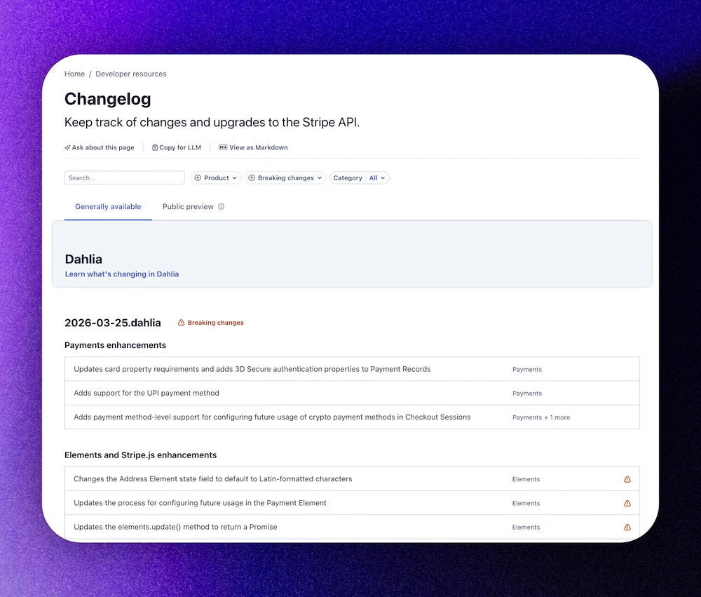 Stripe's developer changelog organized by date and API version with flagged breaking changes