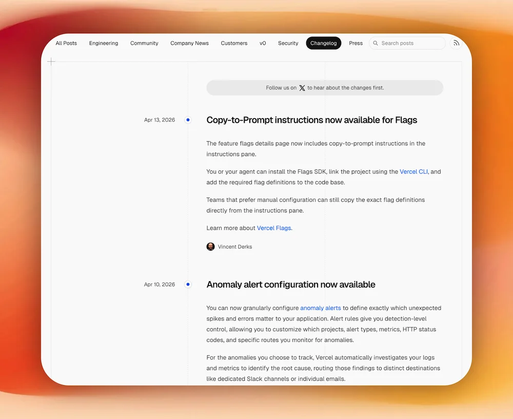 Vercel's changelog with brief, scannable entries grouped by date for developers