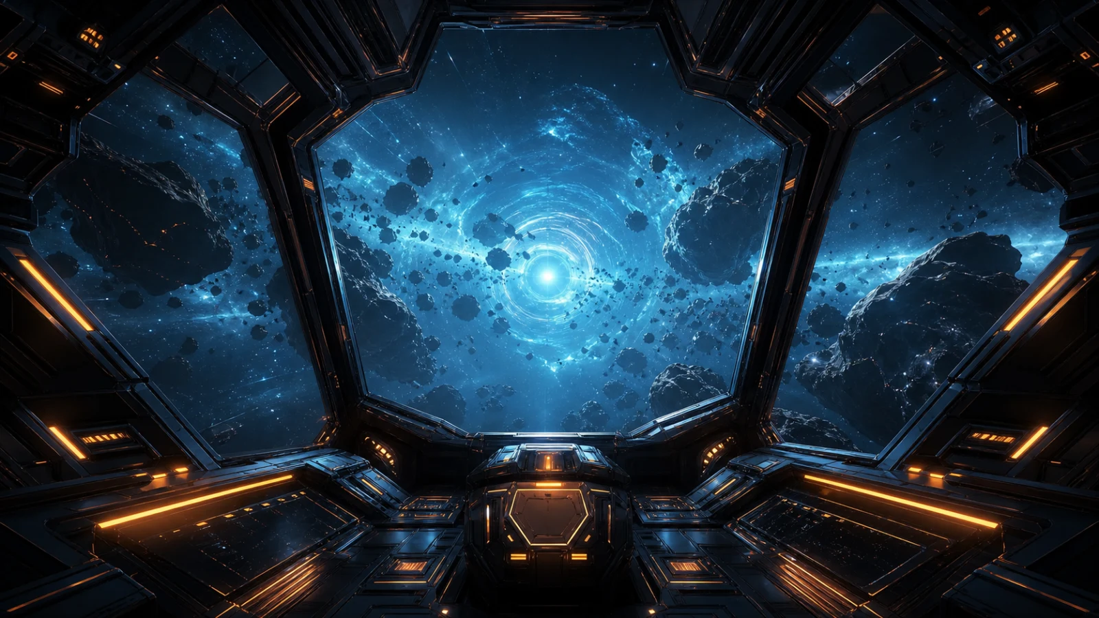 View from a spaceship cockpit toward a glowing blue star surrounded by asteroids.